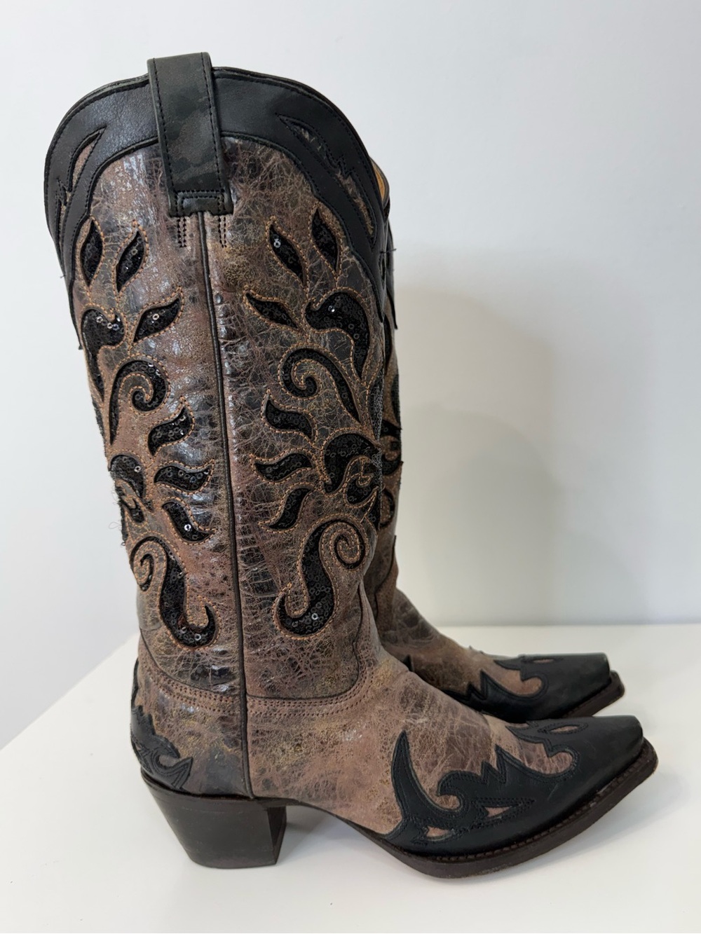 Corral Cowgirl Boots A1135 Brown Black Overlay Sequin Inlay Leather Western Sz 6